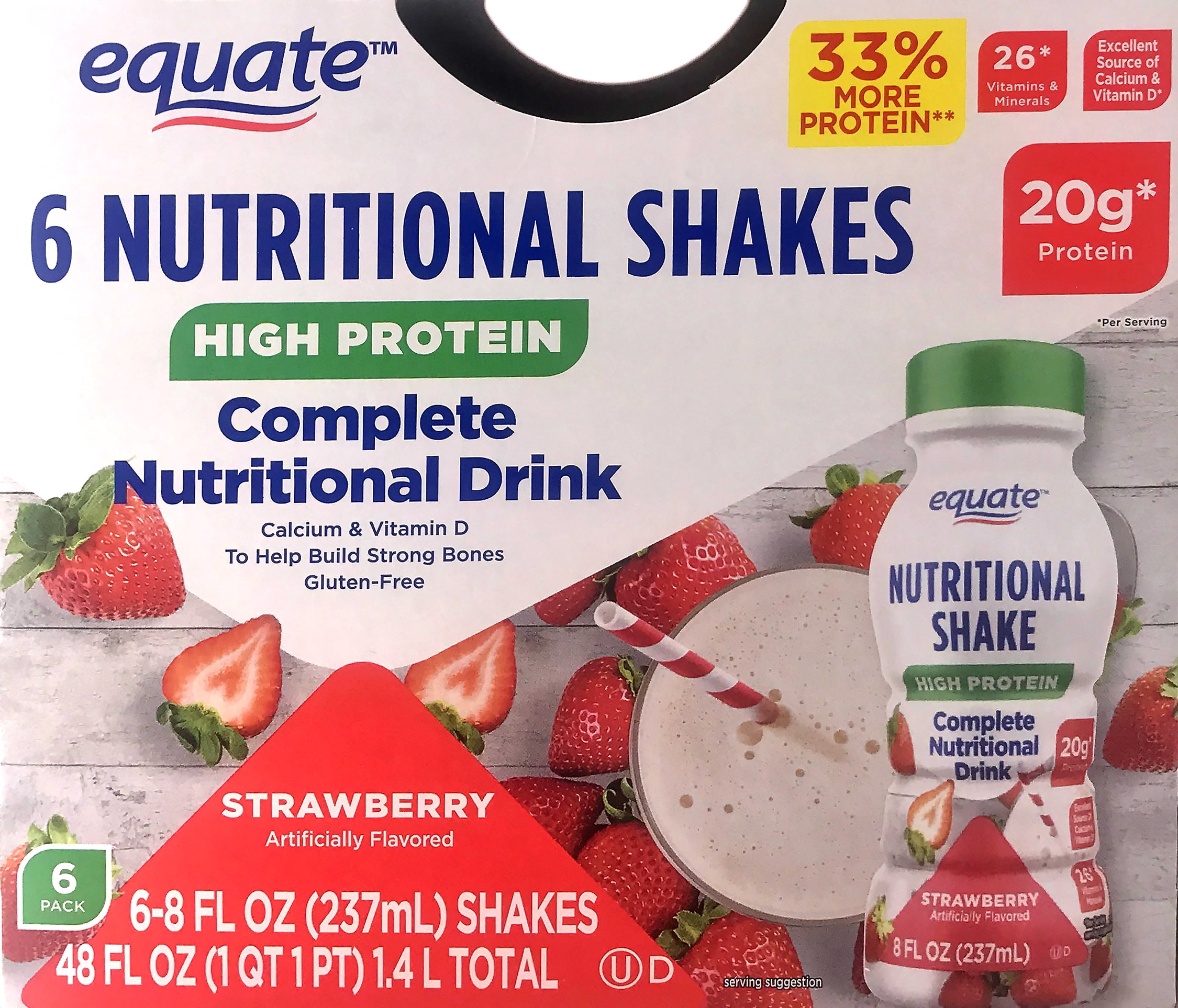 Equate High Protein Nutritional Drink, Strawberry, 20g Protein, 6Ct