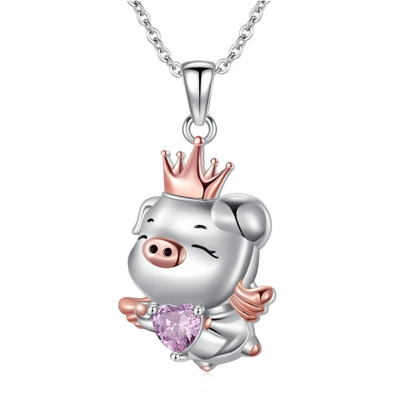 Pig Necklace 925 Sterling Silver Flying Pig Pendant Necklace Rose Quartz Cute Pig Jewelry Christmas Gifts for Women