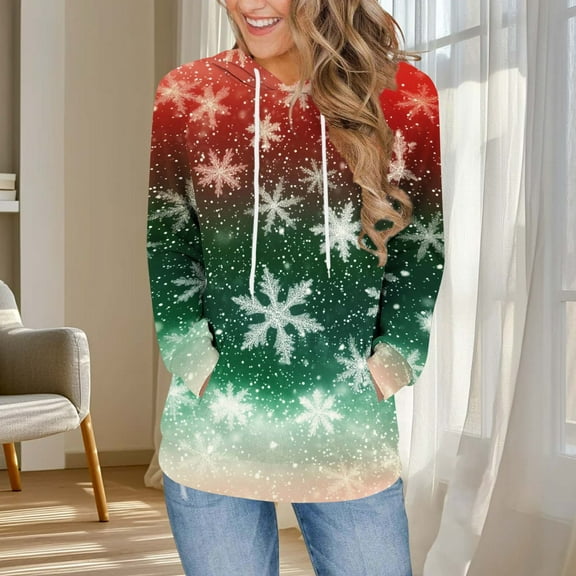 Brondbend Hoodies for Women Women's Hooded Sweatshirt Long Sleeved Drawstring Pocket Pullover Christmas Print Stylish Loose Fit Tops Ladies Climb Mountains Fall Winter Wear Multicolor