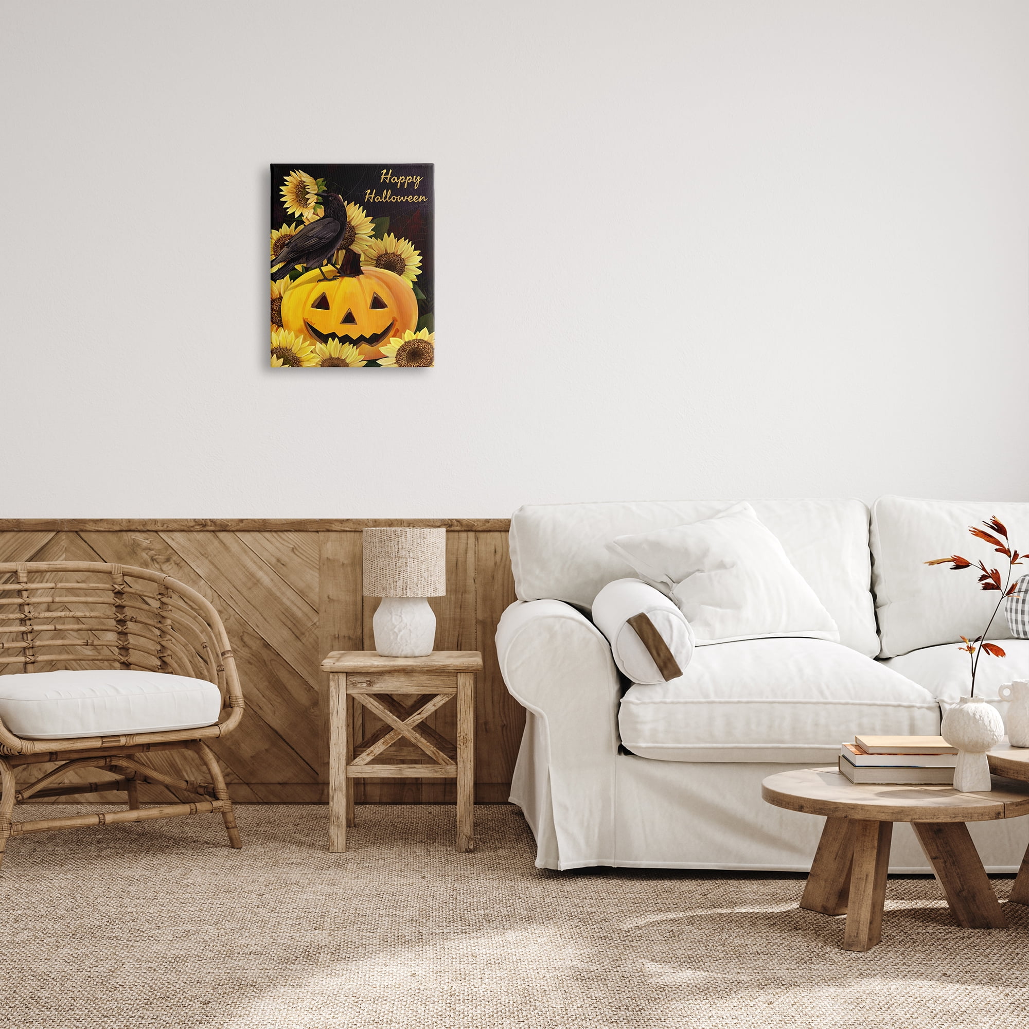 Stupell Industries Crow on Jack-o-Lantern Holiday Painting Gallery Wrapped Canvas Print Wall Art, 16 x 20