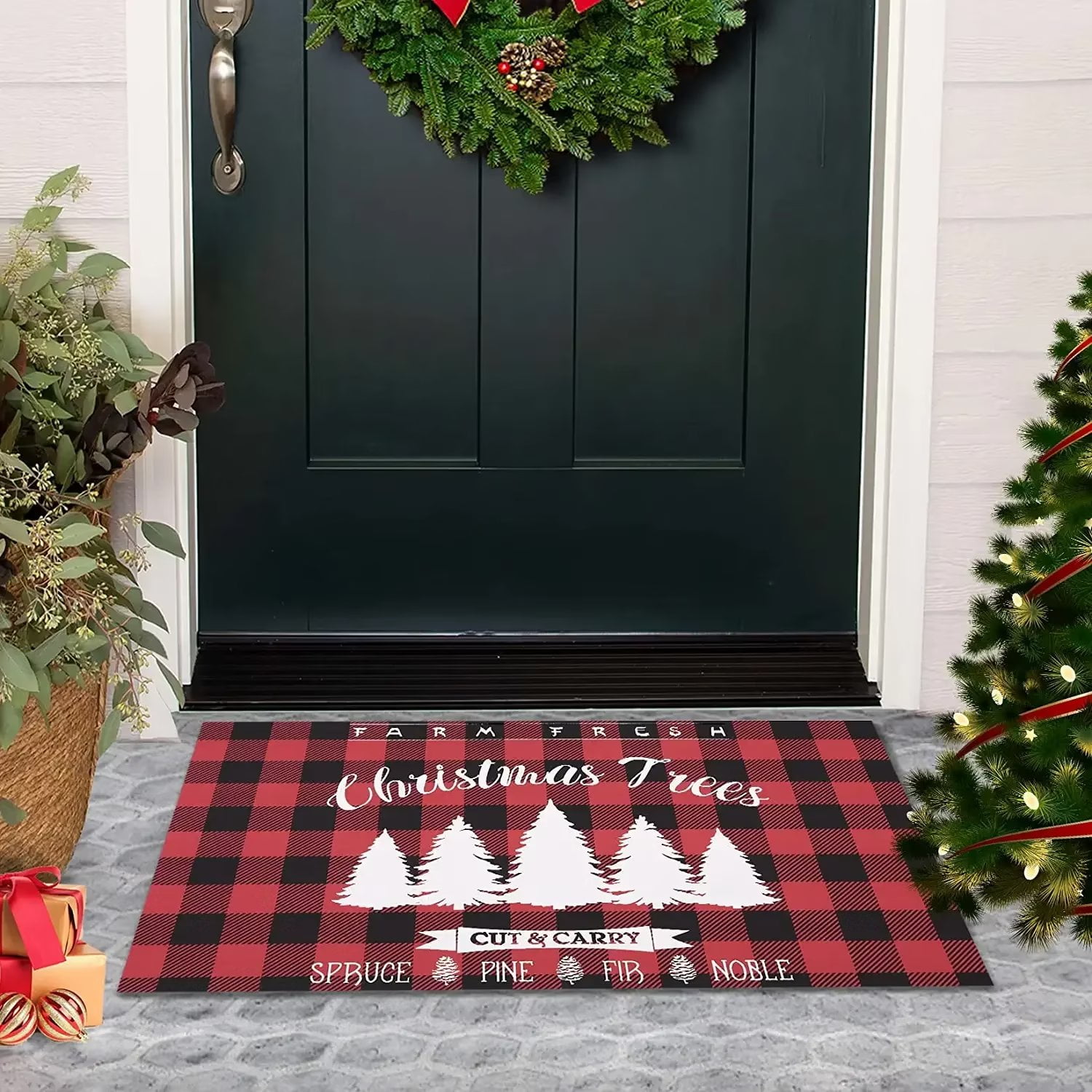 ANNAMALL Indoor Doormat, Christmas Trees Snow Winter Festival Red