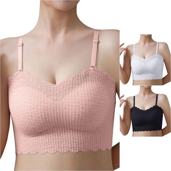 Women Knit Strapless Bandeau Bra Scalloped Lace Edge Anti‑ Invisible Tube‑Top Bralette for Layering
