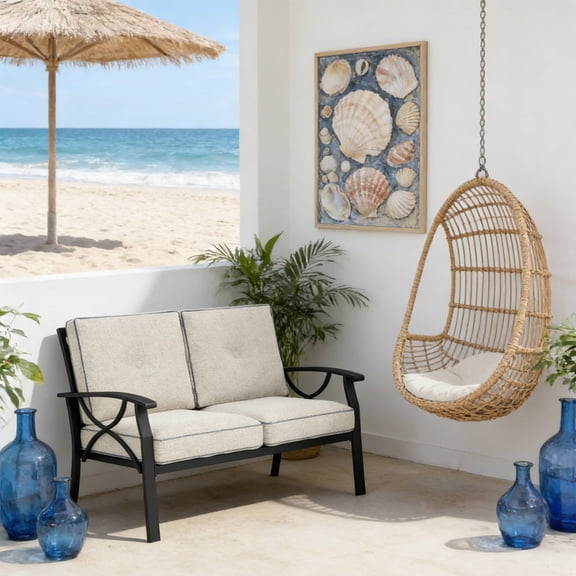 KIOOTTO 48" Professional Grade Outdoor Salon Loveseat, Reinforced All-Weather Carbon Steel Settee with High-Density Graphite Mist Cushions, Ergonomic 120cm Patio Sofa for Terrace & Porch