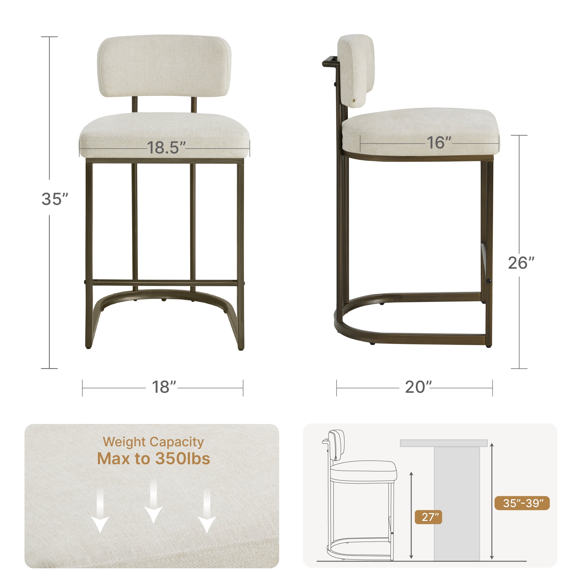 Spruce & Spring Modern 26-Inch Counter Bar Stool Set with Brass Frame Set of 3, Linen with Brass Frame