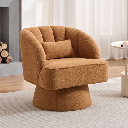 Modern Swivel Barrel Accent Chair 360° Velvet Upholstered Armchair with Striped Backrest & Plush Padding Comfy Round Lounge Chair for Living Room Bedroom Reading Nook