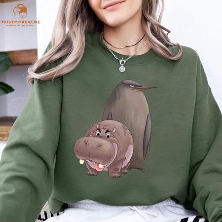 Pesto And Moo Deng SweatShirt, Viral Meme Tee, Funny Animal Lover Gift, Penguin and Hippo Shirt, Meme Fan Apparel, Light Blue Color, Size S