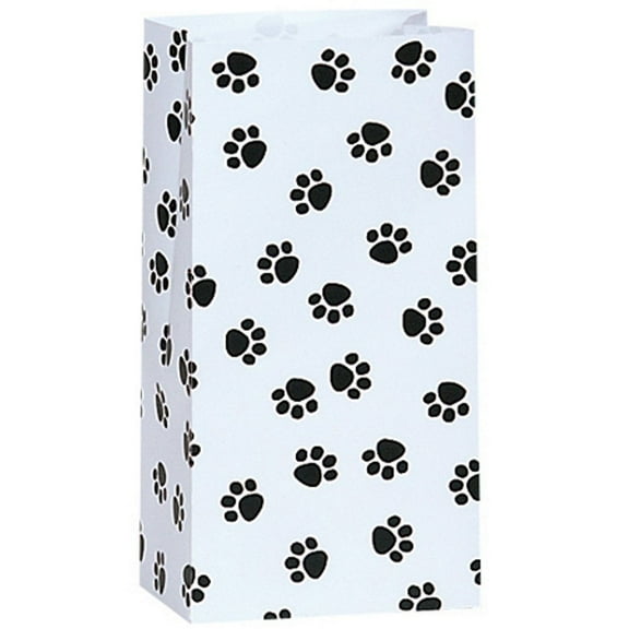 Black Paw Print on White Gift Sack - Small Size - 4 1/4in. x 2 3/8in. x 8in. - Pack of 25