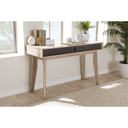 UPC: 0842507115388 | Baxton Studio Fella Mid-Century Modern 2-Drawer Oak and Grey Wood Study Desk