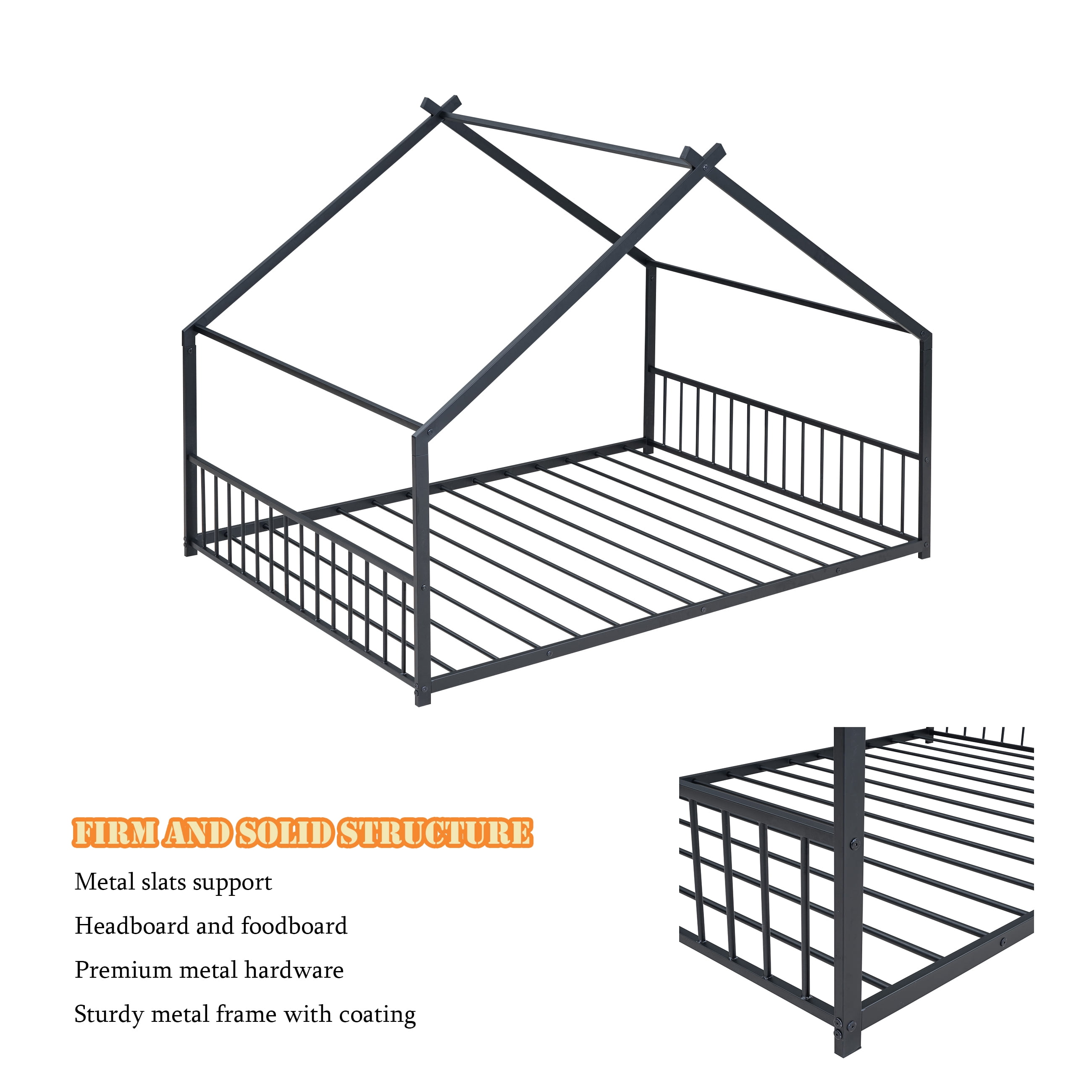 Bellemave Full Size Metal House Bed with Headboard and Footboard Montessori House Bed, Metal Floor Bed with Roof, No Box Spring Needed, Black