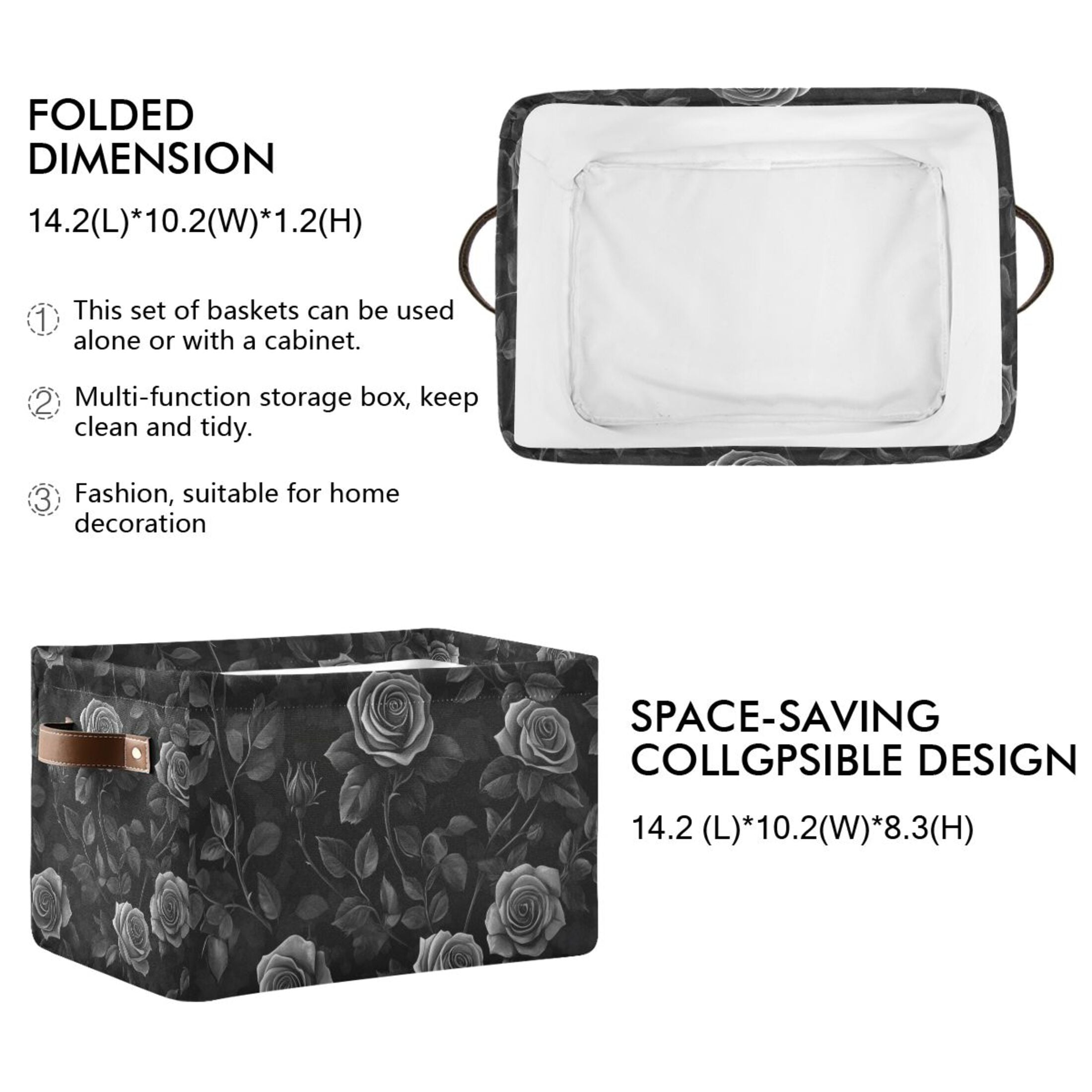 WOBOGO Black Rose Square Storage Basket with Waterproof Canvas and PE Lining Durable PU Leather Handles 14.2×10.2×8.3in