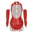 thumbnail image 2 of Xnihocha Women's Latin Dance Outfit Glittery Leotard with Metallic Tassel Gloves Tango Dancewear Red L, 2 of 7