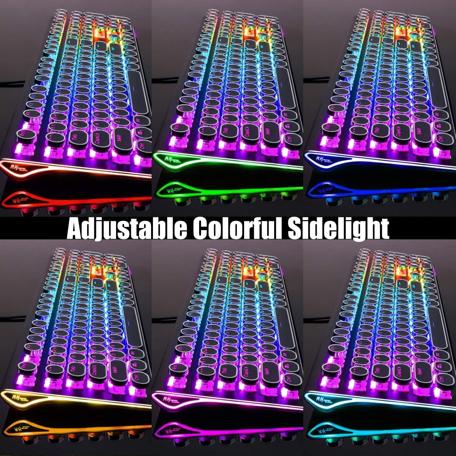 Typewriter Keyboard, Retro Mechanical Gaming Keyboard Wired 108 Keys with RGB Backlit Sidelight, Detachable Wrist Rest, Round Keycaps Blue Switches - Black