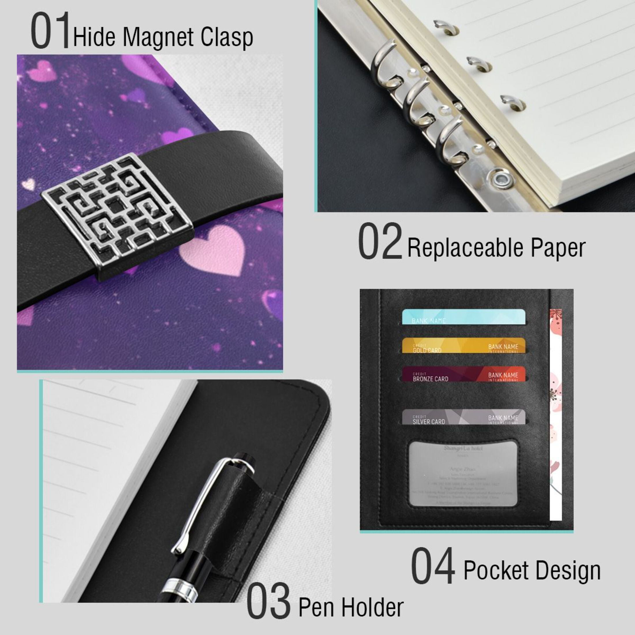 Leather Planner Leather Notebook Notebook Journal Binder Design Pen Pocket Design Convenient for Storage Pretty Purple Heart Pattern