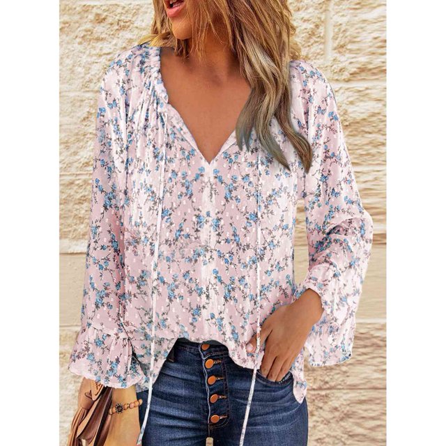 Tops de manga larga con estampado floral,Blusa de gasa con cuello en V Blusa de manga larga con cordón Tops de manga larga Solución innovadora
