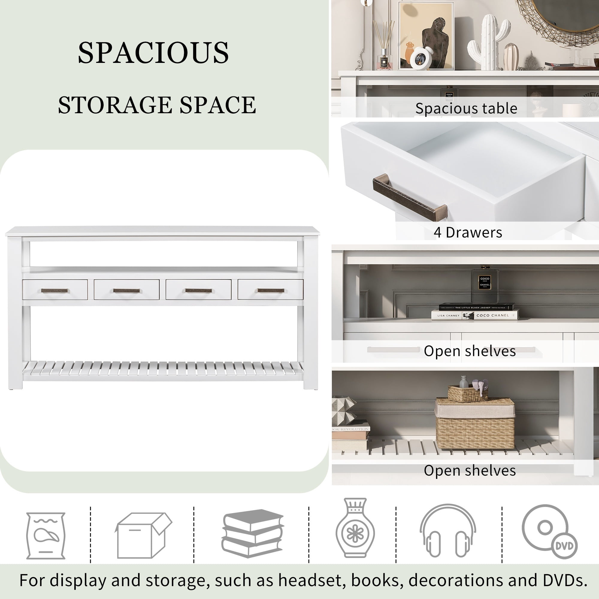 3-Tier Storage Console Table with 4-Drawer, Long Entryway Cabinet DisplayTable with Open Shelf, Versatile Sofa Table with Pine Legs