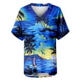 thumbnail image 5 of Pincandy Women Crewneck Print Tees Short Sleeve Hawaiian Shirts Floral Tropic Printed Pleated V Neck Summer Casual T-Shirt Trendy Boho Blouses Tops,Blue,3XL, 5 of 5