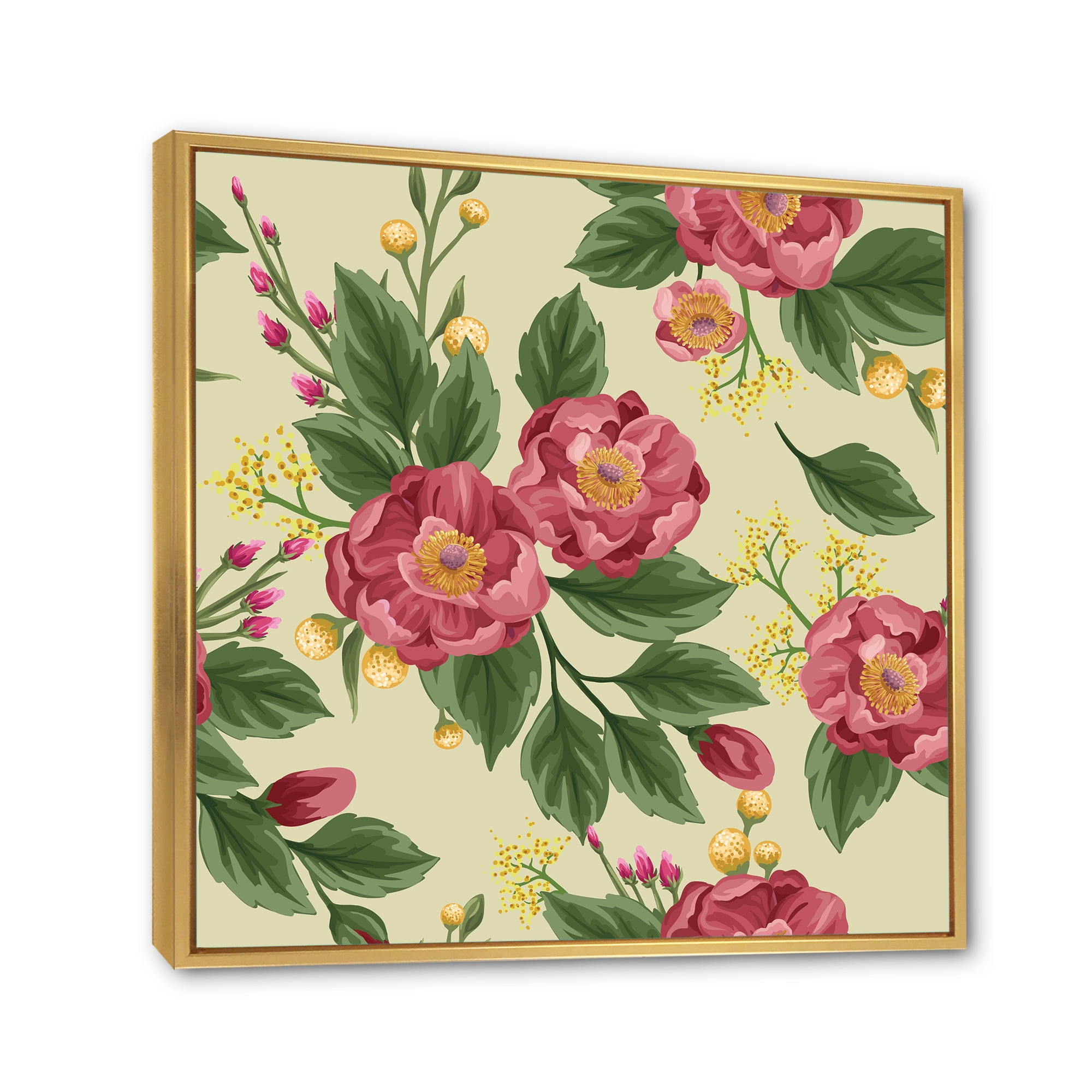Designart 'Vintage Sweet Peas and Peonies On Beige' Traditional Framed Canvas Wall Art Print