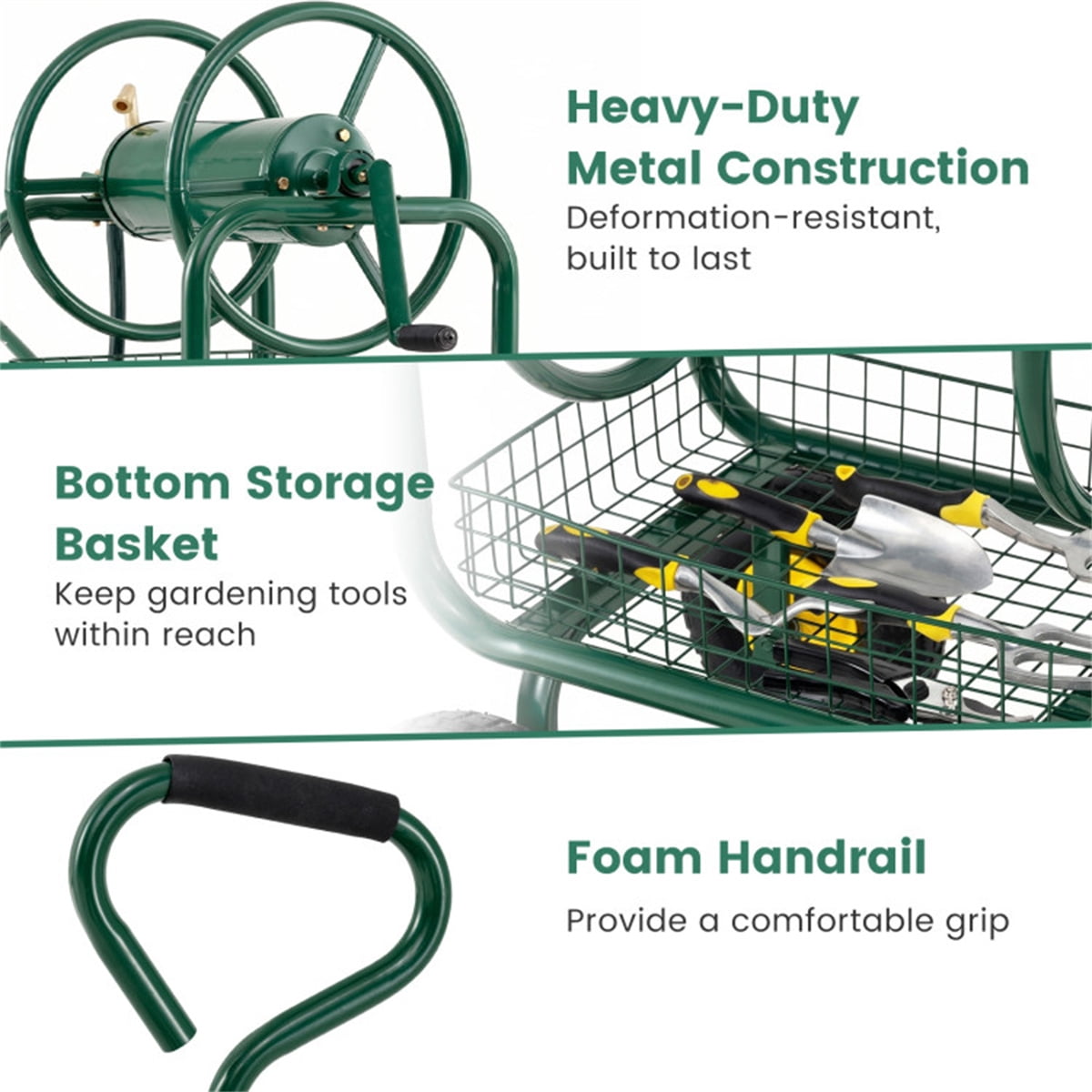 ZHICHUN  Green Heavy Duty Garden Hose Reel Cart With 10 Inch Pneumatic Wheels Large Capacity Hose Winder With Storage Basket And Brass Fittings For Outdoor Lawn Yard Watering