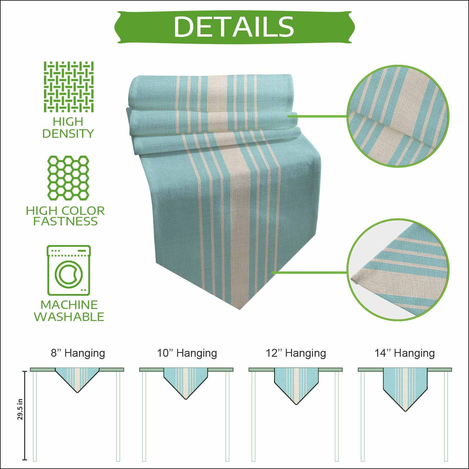 Aqua Beige Striped Table Runner Linen Burlap Table Runner 48 Inches Long Modern Farmhouse Retro Lines Dresser Scarves for Kitchen Island Coffee Dining Room Party Holiday Decoration 13"x48"