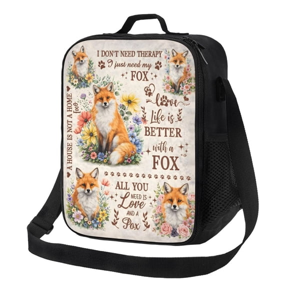 Cute Fox Pattern Lunch Bag Insulated Thermal Box with Shoulder Strap & Handle for Work and Picnic