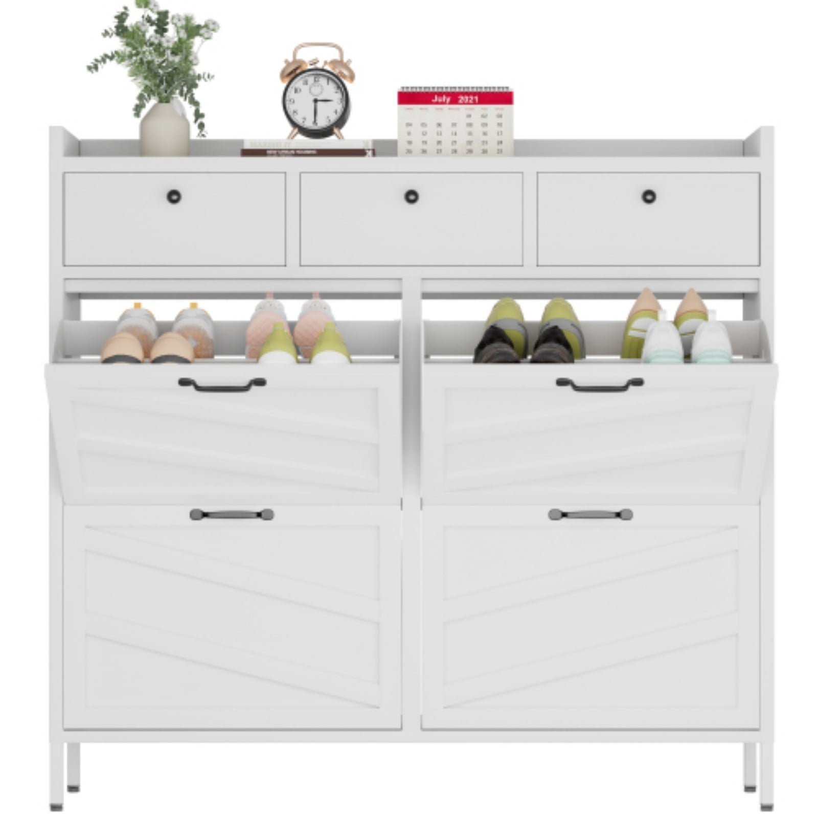 Metal Shoe Cabinet with 4 Flip Drawers & 3 Storage Drawers, Slim 11.8" Deep Freestanding Steel Entryway Shoe Organizer with Anti-Tip Device, White Modern Shoe Rack for Hallway & Apartment