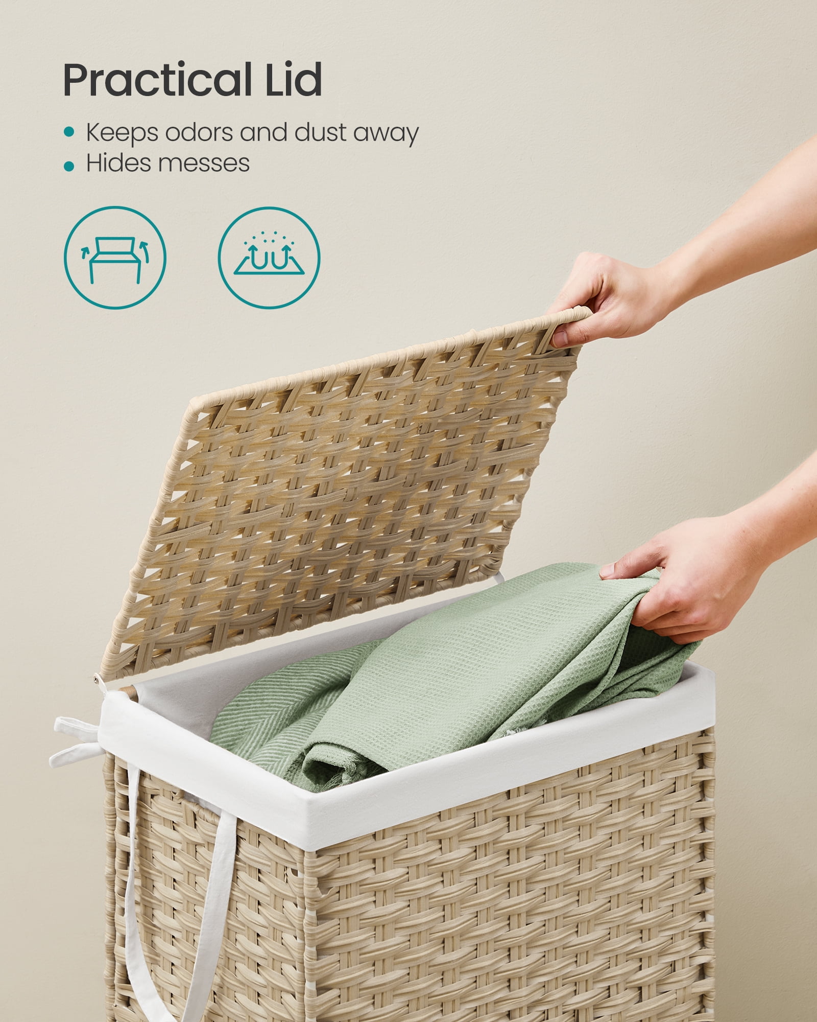 SONGMICS Laundry Hamper with Lid, 23.8 Gallon (90 L) Synthetic Rattan Clothes Laundry Basket with Lid and Handles, Foldable, Removable Liner, Summer Sand