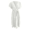 thumbnail image 4 of Women's Casual Summer Dress V Neck Bohemian Flowy Tie Waist Solid Color Short Sleeve Dress For Daily Wear With Jacquard Fabric, 4 of 5