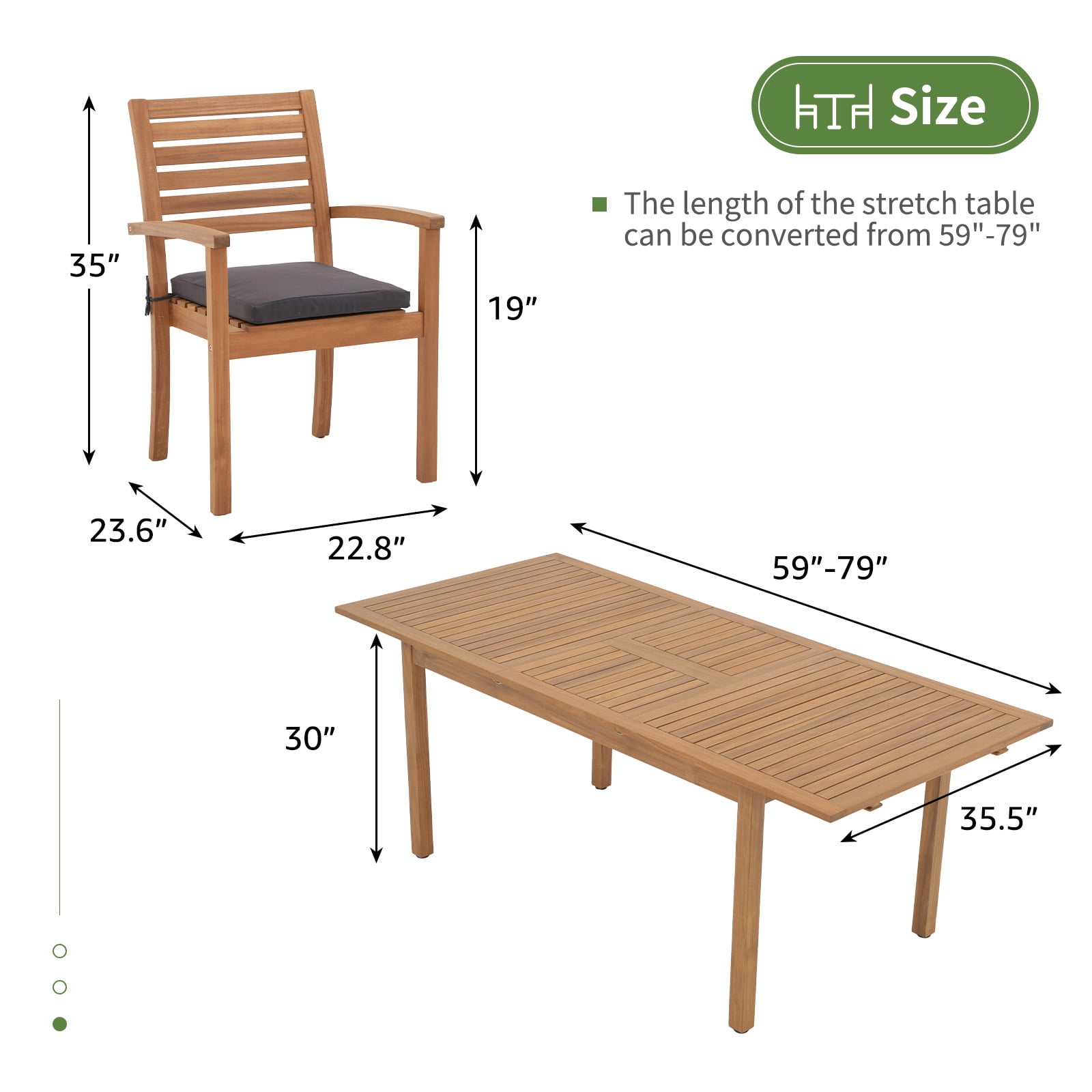 7 Piece Patio Dining Set, Outdoor Acacia Wood Furniture Set, Extendable Rectangular Table and 6 Stackable chairs, Removeable Fabric Dark Gray Cushion, FSC Certified, for Deck Garden Backyard