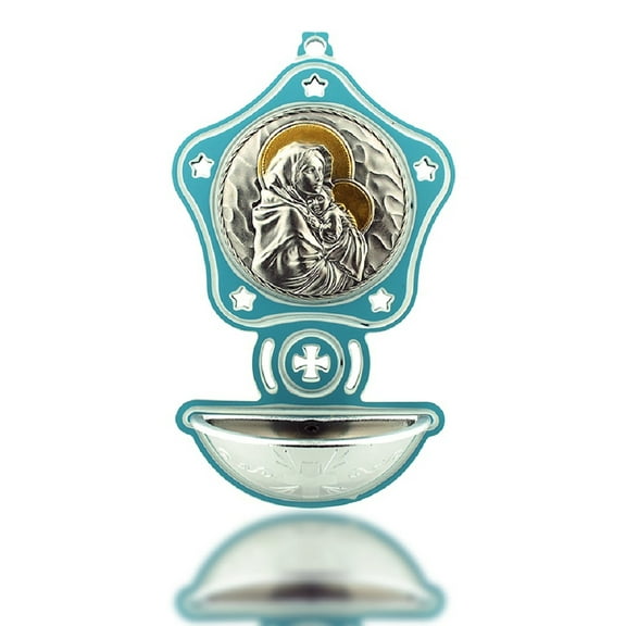 5" Blue Holy Water Font with Madonna and Child Medal
