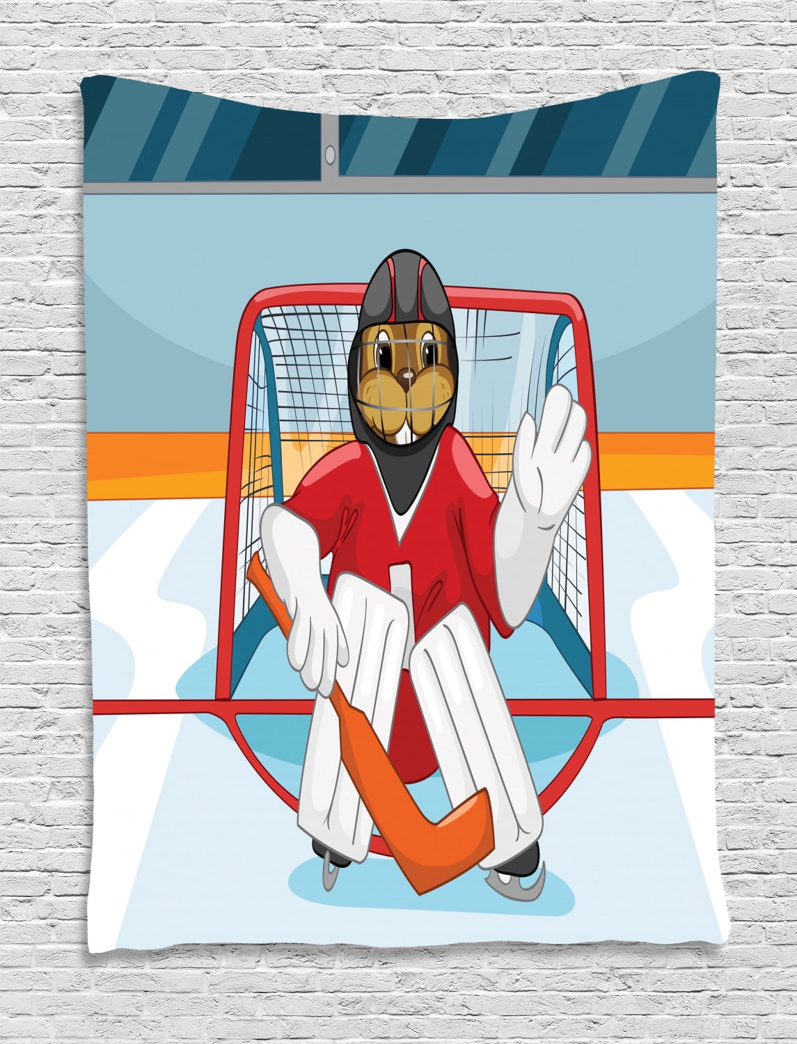 Hockey Tapestry, Cartoon Style Beaver Plays as a Goalkeeper Fun