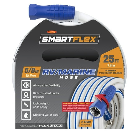 SmartFlex® RV/Marine Hose, 5/8" x 25', 3/4" - 11 1/2 GHT Fittings, Hybrid Polymer Blend, White