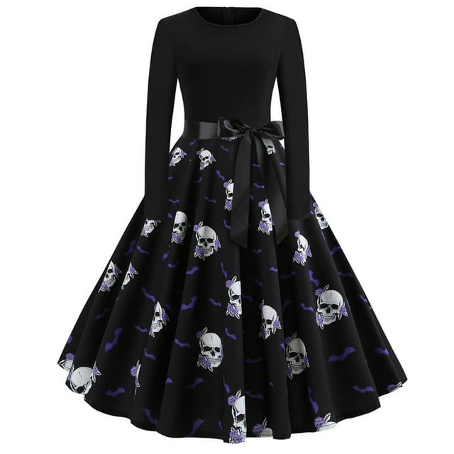 Robes d'Halloween Femmes Manches Longues Robe Cocktail Squelette Skull Imprimé Cosplay Costume de Fête (Skull,S)