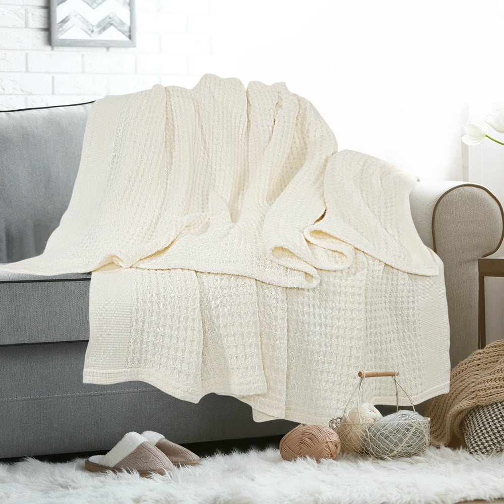 100 Cotton Waffle Woven Soft Knit Throw Blanket for Bed Couch Sofa