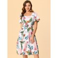 thumbnail image 3 of INSPIRE CHIC Vestido Midi Con Estampado Floral Tropical De Gasa Con Dobladillo Escalonado Y Escote Cuadrado Para Mujer Blanco XS, 3 of 6