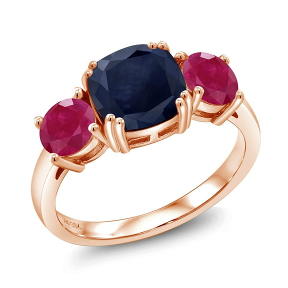 Gem Stone King 18K Rose Gold Plated Silver Blue Sapphire and Red Ruby 3 Stone Engagement Ring for Women (3.92 Cttw, Gemstone September Birthstone, Cushion 8MM, Size 9)