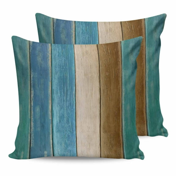 Outdoor Waterproof Throw Pillow Covers Set of 2 Blue Teal Wood Grain Decorative Pillowcases Square Outdoor Pillows Cushion Case 16x16 Inch Brown Wooden Plank Patio Pillows for Couch Sofa Bed Garden