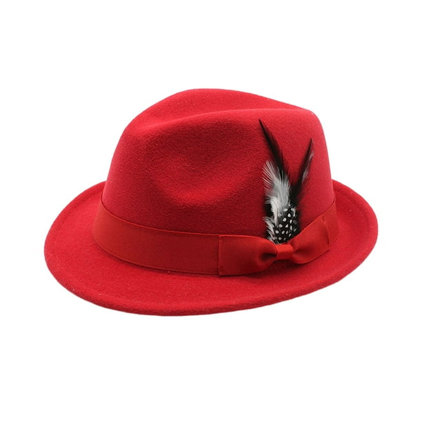 Guardurnaity Sombrero de fieltro hecho a mano con plumas e insignias para hombres y mujeres, sombrero de lana suave, sombrero de fieltro con penacho Sombreros Rojo
