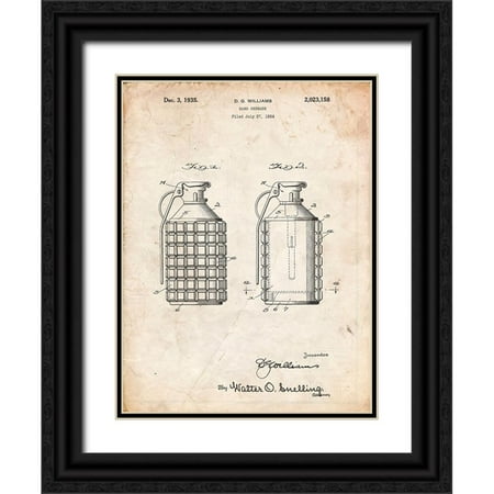 Borders Cole 12x14 Black Ornate Wood Framed with Double Matting Museum Art Print Titled - PP867-Vintage Parchment Hand Grenade Patent Poster