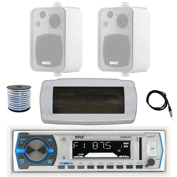 Pyle PLMRB29W Single DIN Bluetooth Marine MP3 AM/FM Stereo Receiver with White Cover, 22" Radio Antenna, Wire, 2x 4" 30 Watt Peak Water-Resistant 3-Way InDoor/OutDoor Audio Speakers (White)