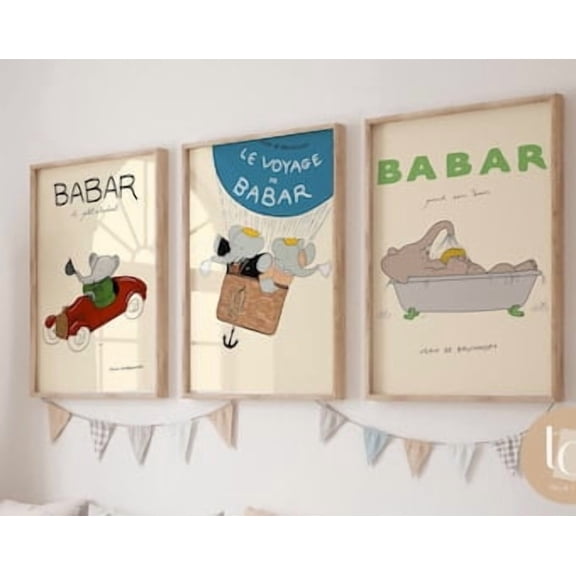 Babar the Canvas Prints, Retro Nursery Wall Art (Set of 3), Poster Only