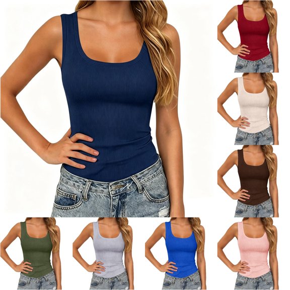 Rhuody Summer Tank Tops For Women Ribbed Solid Color Sleeveless Top Lightweight Athletic Tankini Camisole Retro Wear 3Xl Dark Blue