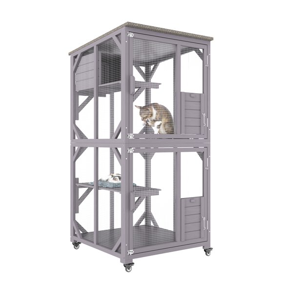 KFFKFF 3-Tier Large Cat House Outdoor Cat Enclosure with 360° Rotating Casters