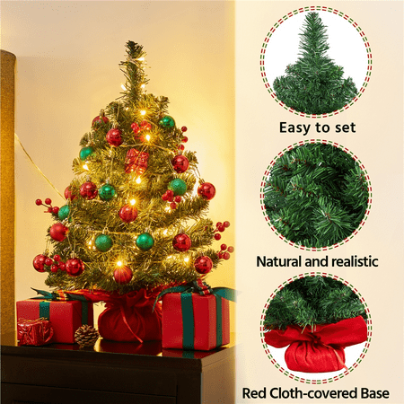 Topeakmart 2 Ft Prelit Tabletop Christmas Tree with 35 LED Warm Toned Lights Red Berries, Green