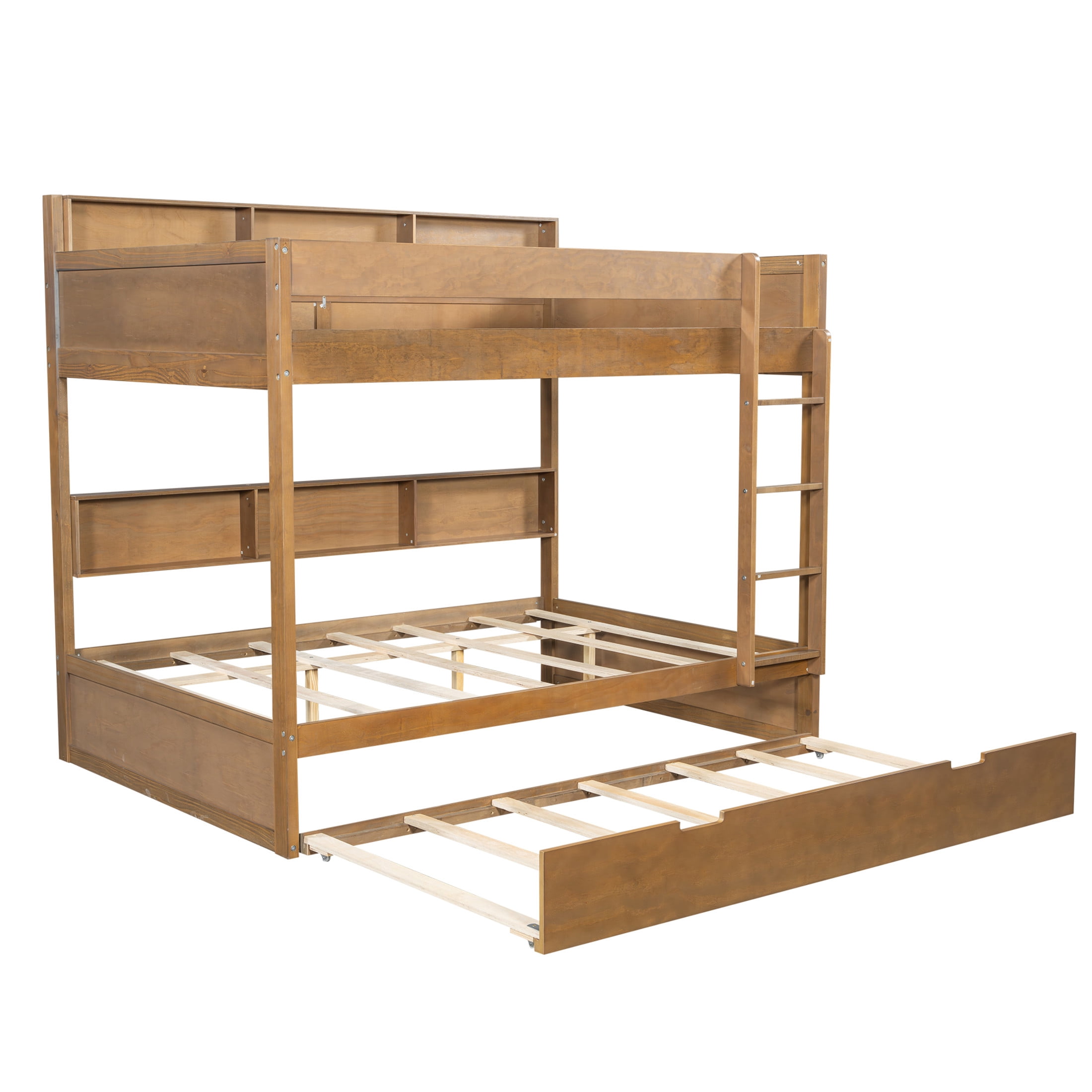 Noble House Erika Full over Full Bunk Bed with Pull-out Trundle and Integrated Storage Shelves, Antique Wood