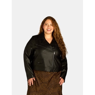 Terra & Sky Black Label Women's Plus Size Faux Leather Moto Jacket, 0X-4X