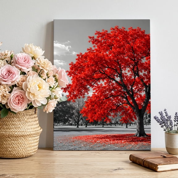Red Tree Canvas Wall Art Framed Wall Decor for Living Room Bedroom Bathroom, Romantic Fall Rustic Gray Meadow Grass Countryside Canvas Pictures Ready to Hang Decor, 20"x40"