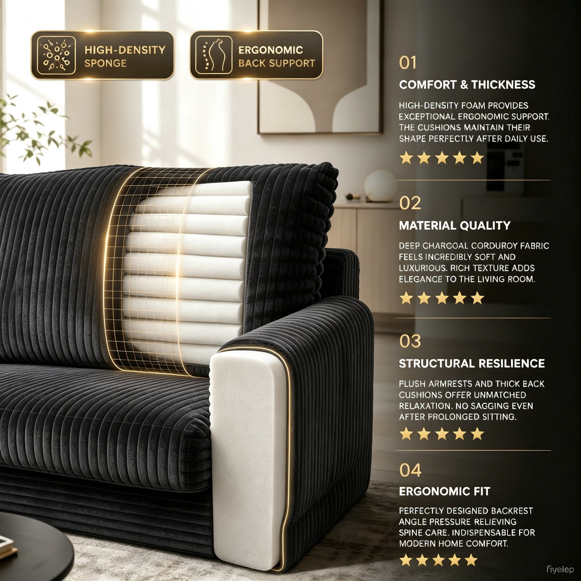 Garitin Modular Sectional Sofa 132 Inch U-Shaped, No Assembly Required Corduroy Couch with Double Chaise and Deep Seat for Living Room Apartment, Black