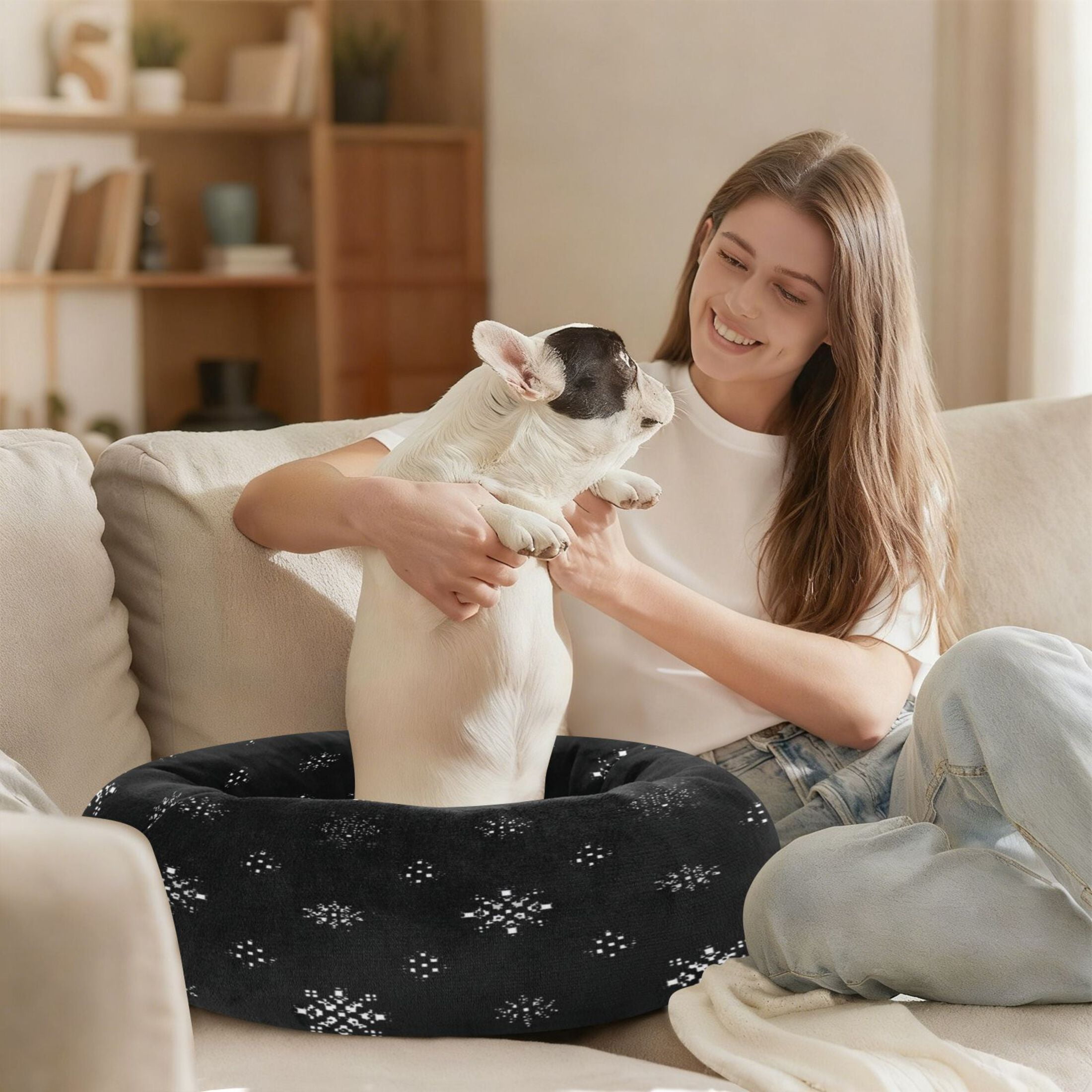 Iauyy Pet Couch Donut Cat Bed for Indoor Cats/Small Dogs Washable & Machine with Non-slip Bottom Calming Cat Furniture, Visual Arts (M)