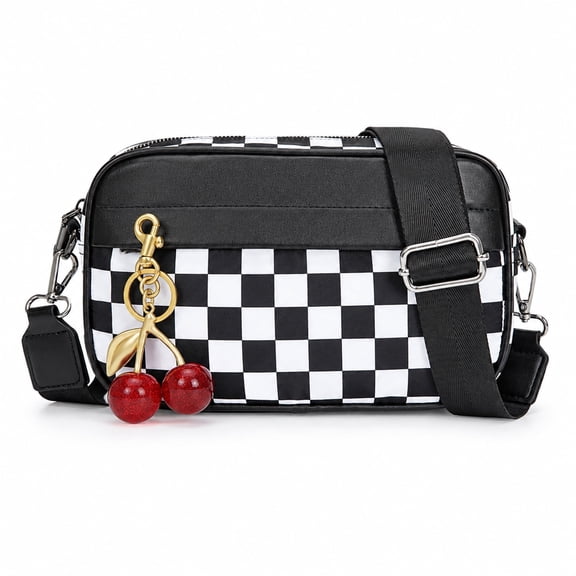 Checkered Crossbody Bag for Women with Cherry Charm, Small Black White Purse with Adjustable Strap and Secure Zipper Clip
