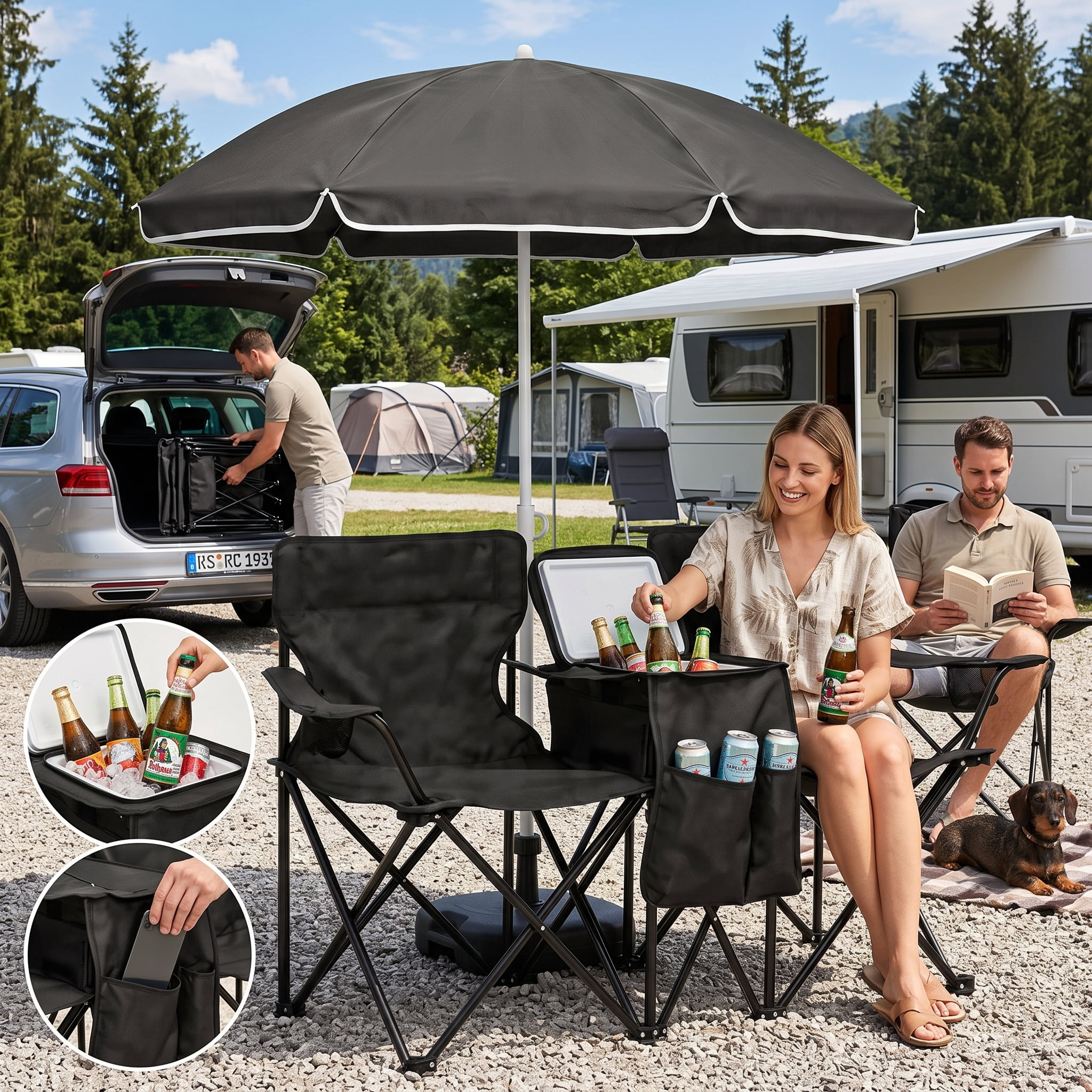 Portable Folding Picnic Chair Set with Umbrella, 2-Person Outdoor Camping Chairs Cup Holders, Foldable Beach Chair Set for Patio, Camping, Backyard, Black